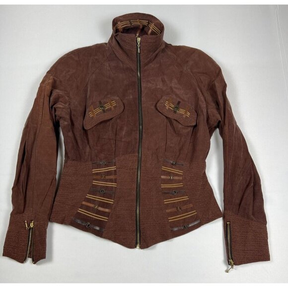 Caché Jackets & Blazers - Caché Women L Vintage Brown Suede Bomber Jacket Earthy Mixed Media Made in USA